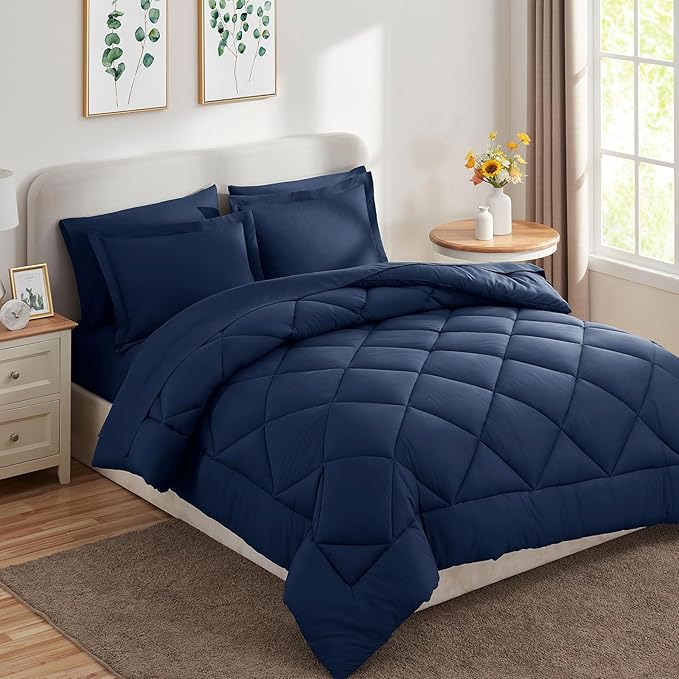 CozyLux Oversized Queen Comforter Set Navy Blue, 7 Pieces Bed in a Bag Comforter Set with Sheets Luxury Bed Set All Seasons, Bedding Set with Down Alternative Comforter, Sheets, Pillowcases & Shams