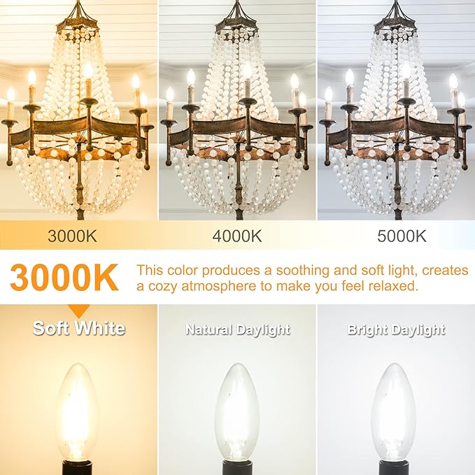 Cotanic Dimmable Candelabra LED Bulb 3000K Soft White,E12 Base Ceiling Fan Light Bulb 60W Equivalent, B11 LED Candle Shape with Clear Glass,C35 Filament Chandelier Light Bulb,600LM,8 Pack