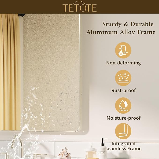 TETOTE 60 x 36 Inch Brushed Nickel Bathroom Mirror Metal Framed Bathroom Mirror, Tempered Glass, Modern Farmhouse Wall Mounted Mirror for Decorative(Horizontal/Vertical)