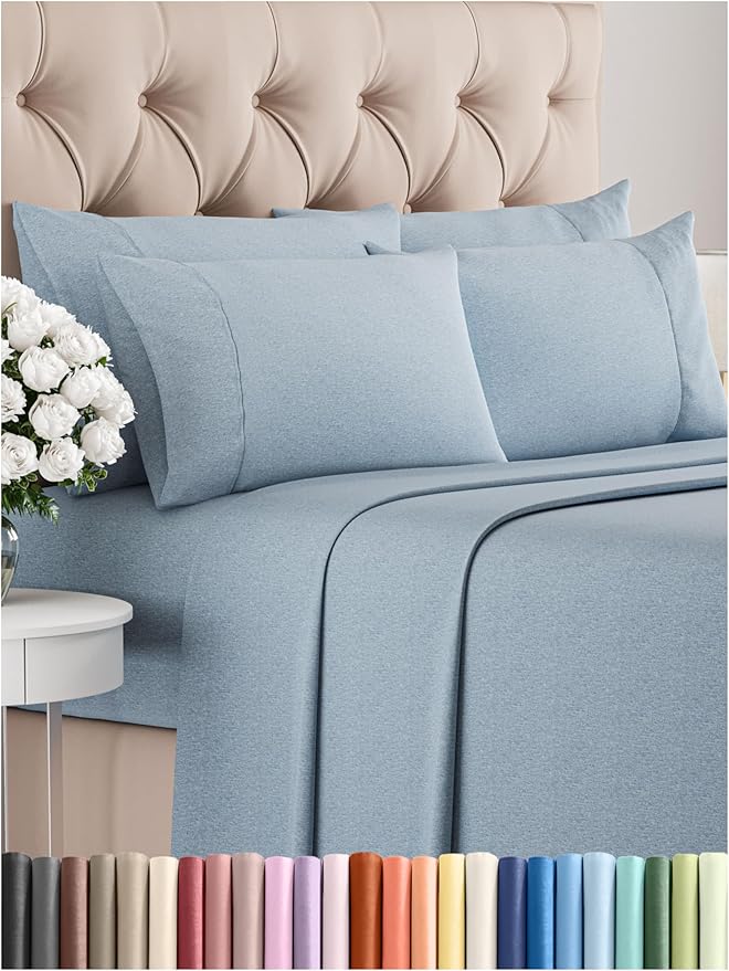 Queen 6 Piece Sheet Set - Comfy Breathable & Cooling - Soft Hotel Luxury Bedding Set with 8-16 Inch Deep Pockets - 1 Flat & 1 Fitted Sheet & 4 Pillowcases - Wrinkle Free & Easy Care - Heathered Blue