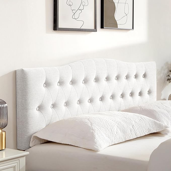 Tufted Upholstered Headboard King Size, Sturdy & Durable Solid Wood Bed headboard, Fabric Headboard Adjustable Height from 37” to 51”, Modern Button Diamond Design Head Board, White