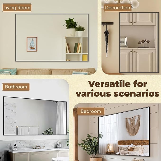 Antok Bathroom Mirror,55"x30" Wall Mirror, Decorative Mirrors Vanity Mirror Aluminum Alloy Frame Contemporary Hanging Mirror for Living Room Bathroom Entryway,Black,Rect Corner