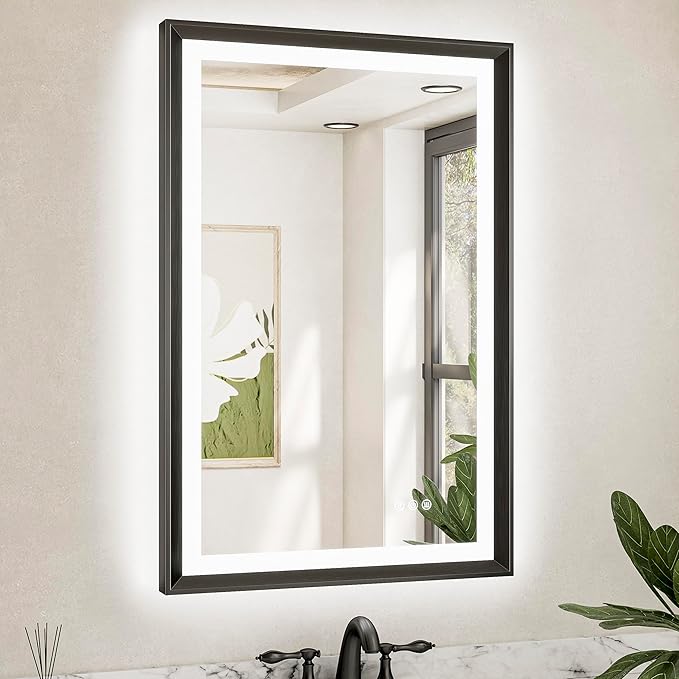 TETOTE Black LED Bathroom Mirror with Lights 24x36 Front & Back Light Vanity Framed Mirror Baroque Gothic Anti Fog Dimmable White/Warm/Natural,CRI90+,Waterproof,Wall Mounted(Horizontal/Vertical)