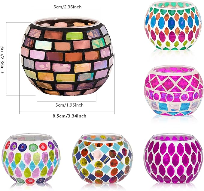 6pcs Votive Candle Holders, Mosaic Tealight Holder Stained Glass Tea Light, Colorful Handmade Candle Jars Aromatherapy Candle Lamp for Christmas, Wedding, Birthday Table Centerpiece Decor