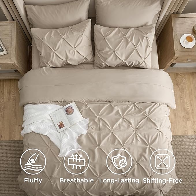 Bedsure King Size Comforter Set Beige - Bed in a Bag Bedding Set 7 Pieces, GentleSoft™ Pintuck Bed Set Gift for Family, Pinch Pleat Beige Comforter with Sheets, Pillowcases & Shams