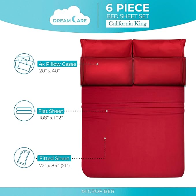 DREAMCARE California King Sheet Sets – 6 pcs Cooling Bed Sheets – up to 21” Deep Cal King Sheets – 2500 Supreme Collection – Extra Soft 100% Brushed Microfiber Hotel Luxury with Side Pocket – Burgundy