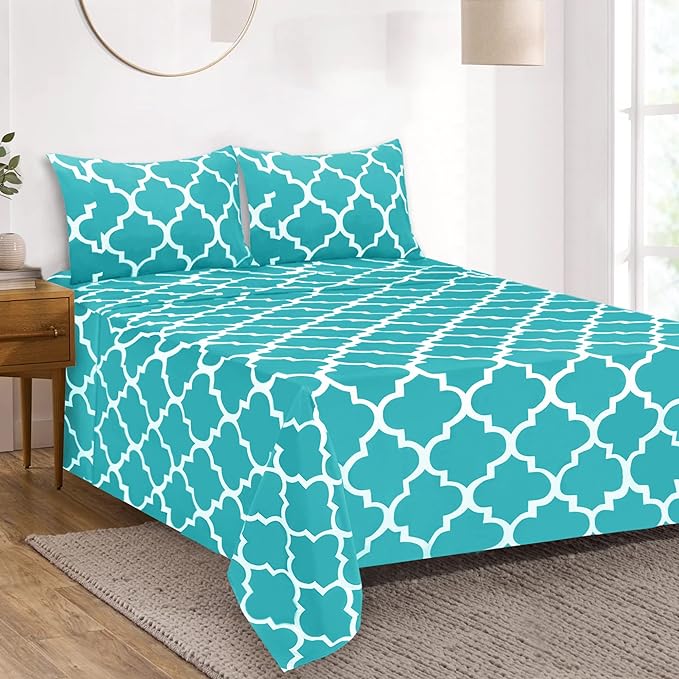 Mejoroom Full Bed Sheet Set - Super Soft Brushed Microfiber 1800 Thread Count Sheets with 16 inch Deep Pocket - Wrinkle Free - 4 Piece(Full, Aqua Quatrefoil with White Pattern)