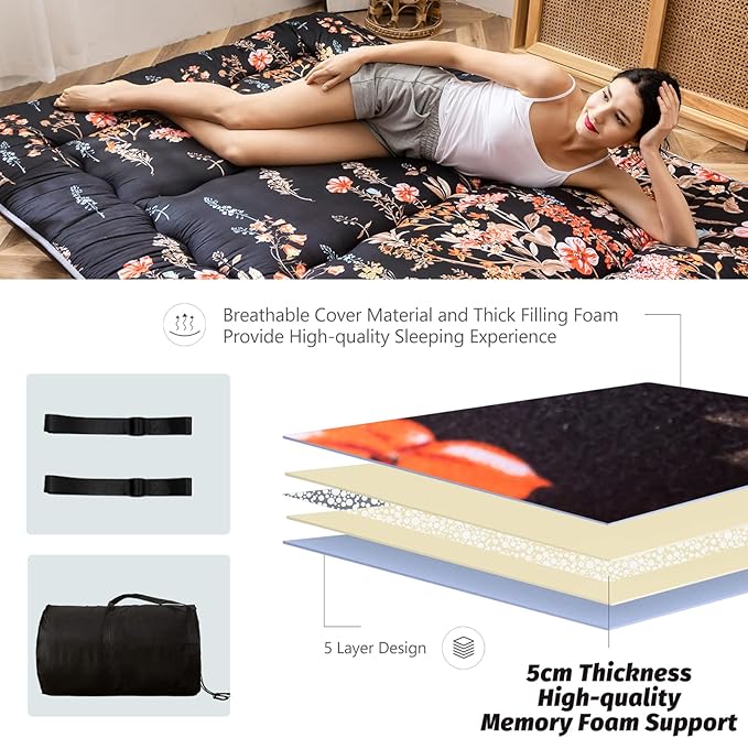 MAXYOYO Black Floral Japanese Futon Floor Mattress, Bed Mattress Topper Portable Thick Sleeping Pad Floor Bed Roll Up Camping Mattress Folding Couch Bed Mattress Pad for Guest Room, Queen
