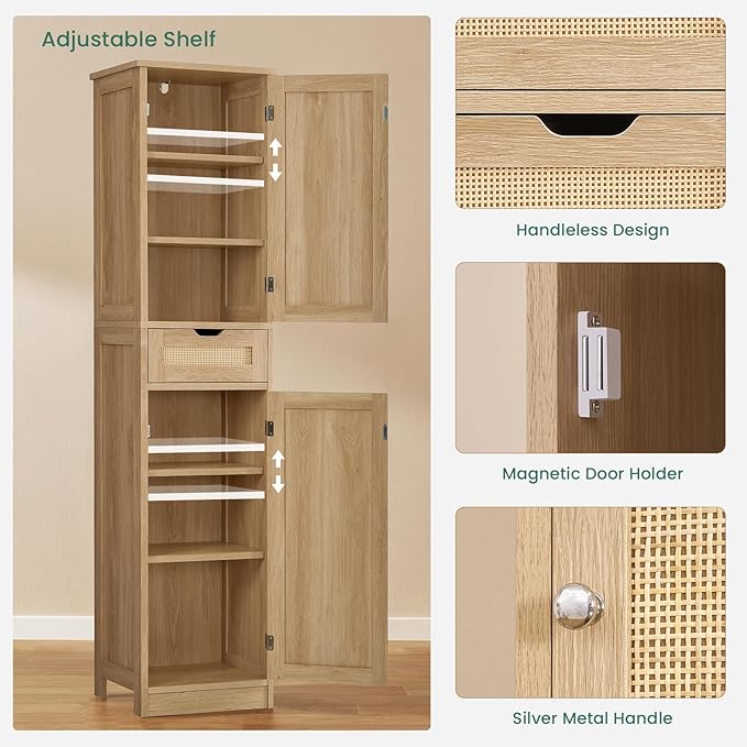 Iwell Tall Narrow Storage Cabinet with Doors, Rattan Cabinet with Adjustable Shelves, Freestanding Linen Storage for Living Room, Entryway, Kitchen, Bathroom, Natural