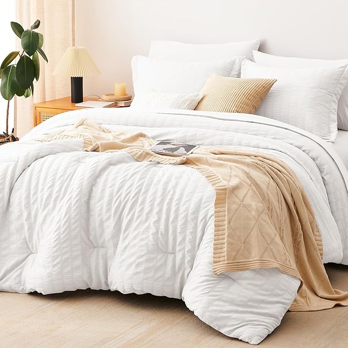CozyLux Oversized King Comforter Set White Seersucker 7 Pieces 120x98 Bed in a Bag Comforter Set with Sheets, Luxury Soft Bedding Sets with Down Alternative Comforter, Sheets, Pillowcases & Shams