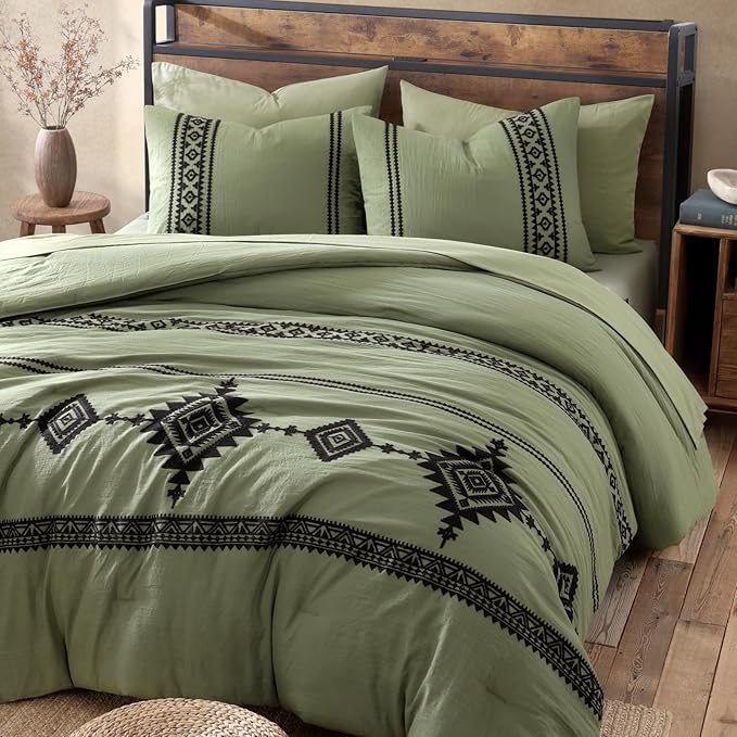 MaiRêve Embroidery Queen Size Comforter Sets, Light Olive Green Western Bedding Set Boho 7 Pieces, All Season Farmhouse Bed in A Bag Comforter Set with Sheets, Pillowcases & Shams