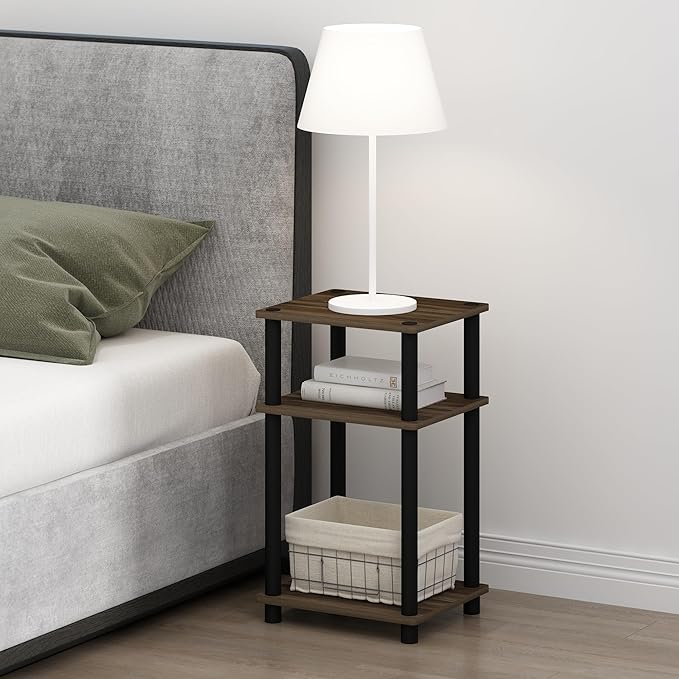 Furinno JUST Night Stand Set of 2, 3-Tier Turn-N-Tube Nightstand, Toolless Bedside Tables, End Table, Side Table with Open Storage for Bedroom, Living Room, Bathroom, Columbia Walnut