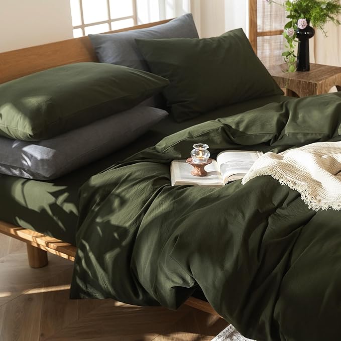 MooMee Bedding Duvet Cover Set 100% Washed Cotton Linen Like Textured Breathable Durable Soft Comfy (Solid Olive Green, King 104"x90")
