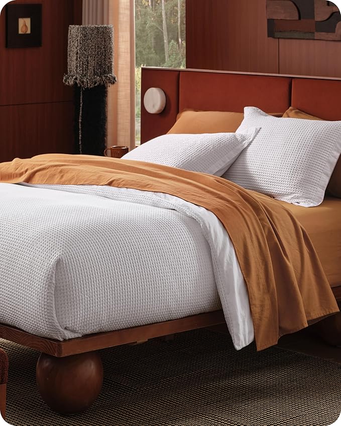 Bedsure Cotton Duvet Cover Queen - 100% Cotton Waffle Weave Bright White Duvet Cover Queen Size, GentleSoft™ and Breathable Bedding Set for All Season, 3 Pieces, 90"x90"