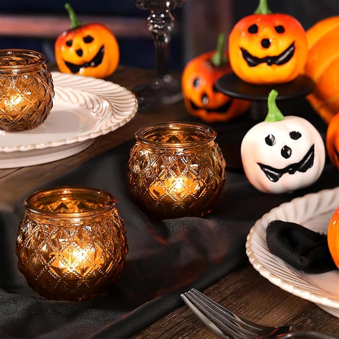 DARJEN Amber Votive Candle Holders Set of 24 - Round Glass Candle Holders for Table Centerpiece, Tea Lights for Home & Vintage Wedding Decorations