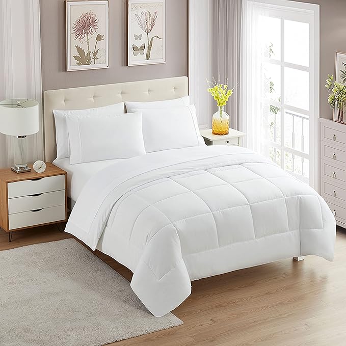 Sweet Home Collection 5 Piece Comforter Set Bag Solid Color All Season Soft Down Alternative Blanket & Luxurious Microfiber Bed Sheets, White, Twin