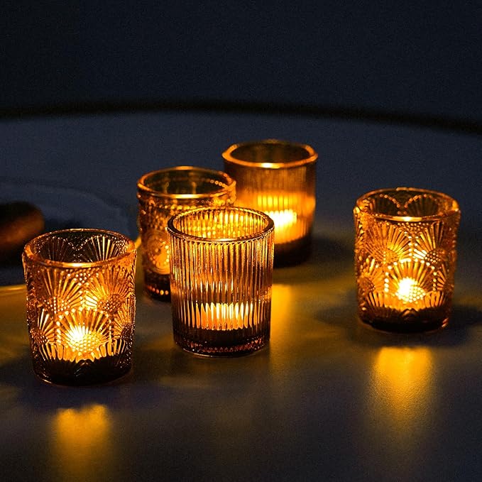 70pcs Assorted Votive Candle Holders - Amber Glass Tea Lights Candle Holder in Bulk, Tealight Candle Holder for Table Centerpiece Wedding Decor Home Decoration