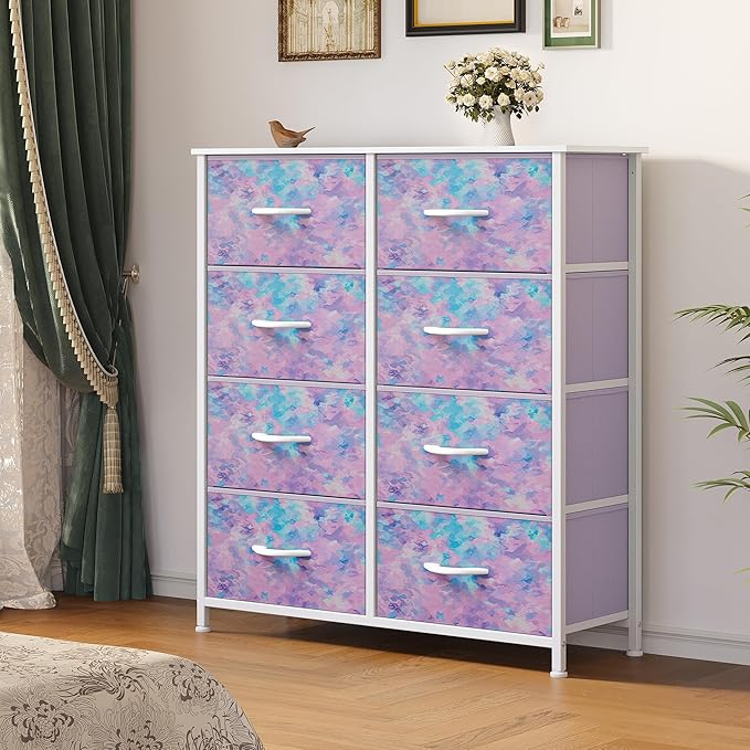 YITAHOME Fabric Dresser Drawer, Tall Storage Dresser with 8 Drawers, Chest of Drawers, Storage Drawer Organizer for Closet, Living Room, Closets (Tie-dye Purple)