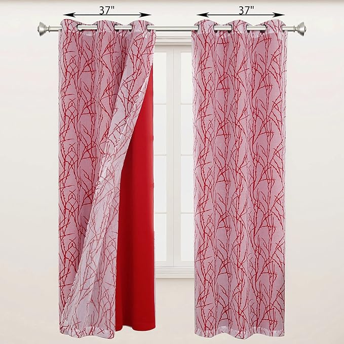 BONZER Mix and Match Curtains - 2 Pieces Branch Print Sheer Curtains and 2 Pieces Blackout Curtains for Bedroom Living Room Grommet Window Drapes, 37x84 Inch/Panel, Red, Set of 4 Panels