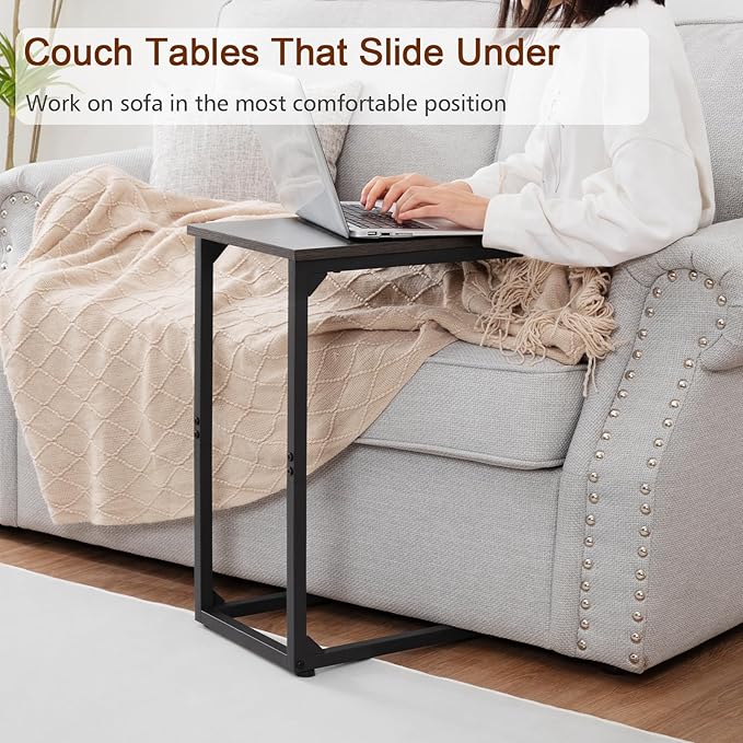 AMHANCIBLE C Shaped Side Table, End Tables Living Room Set of 2, Slide Under Couch Table for Sofa, TV Trays for Bedroom, Small Space, Dark Grey, HET02CDG