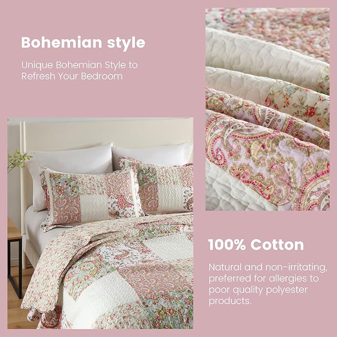 Secgo Queen Comforter Set for Bed - 100% Cotton Quilts Queen Size, Black Bedspreads (90 * 98 Inch) with 2 Pillow Shams, Patchwork Reversible Lightweight Bedding