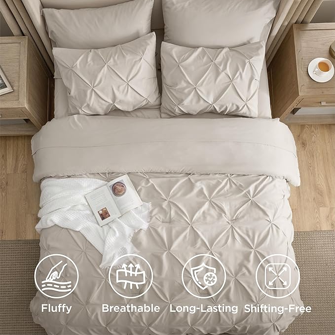 Bedsure Full Comforter Set Linen - Bed in a Bag Full Size Bedding Set 7 Pieces, GentleSoft™ Pintuck Bed Set Gift for Family, Pinch Pleat All Season Comforter with Sheets, Pillowcases & Shams