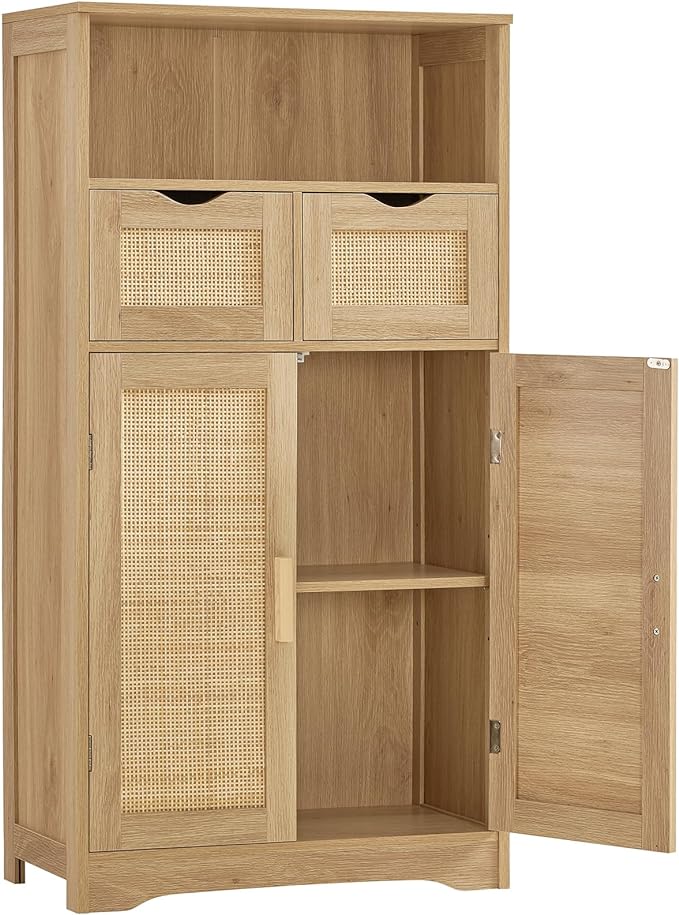 Iwell Storage Cabinet with 2 Drawers & Adjustable Shelves, Rattan Cabinet, Kitchen Pantry Cabinets, Cupboard for Living Room, Kitchen, Home Office, Natural