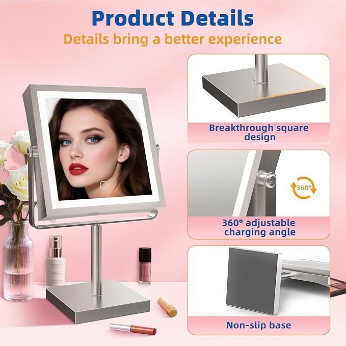 Ruacq Rechargeable Makeup Mirror, 4000mAh Lighted Makeup Mirror with Magnification1X/10X, Height Adjustable Vanity Mirror with Lights, 3 Color Lights, Adjust Brightness, 360°Rotation(Brushed Nickel)