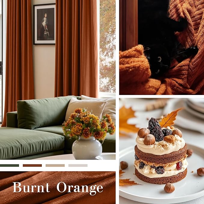 Lazzzy Velvet Blackout Curtains Thermal Insulated Room Window Drapes Super Soft Luxury Curtains for Living Room Bedroom Rod Pocket 2 Panels, Burnt Orange, 52" W x 108" L