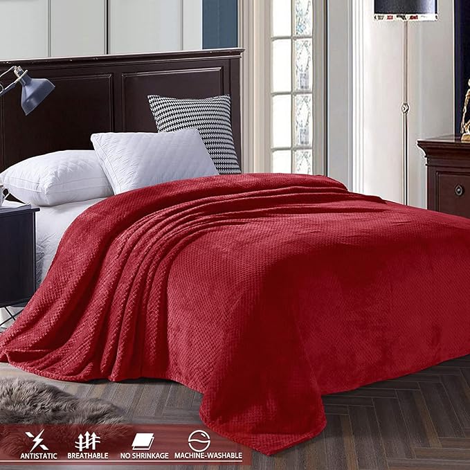 Exclusivo Mezcla Fleece Bed Blanket Twin Size, Super Soft and Warm Blankets for Couch, Sofa and Bed Waffle Textured, Cozy, Fuzzy and Lightweight (Deep Red, 90x66 Inches)