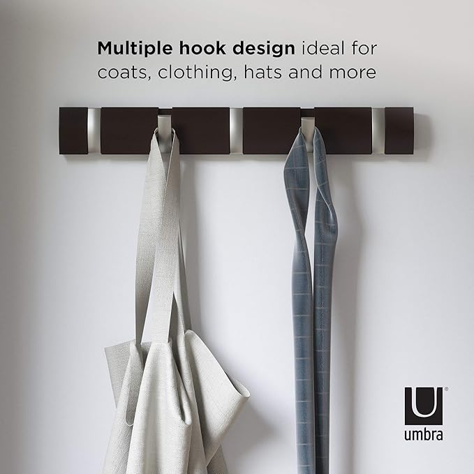 Umbra Flip Wall-Mounted Coat Rack with 5 Hooks – Modern, Space-Saving Storage for Hats, Jackets, Bags, Entryway, Mudroom, Closet, Bathroom, Bedroom – Espresso/Nickel