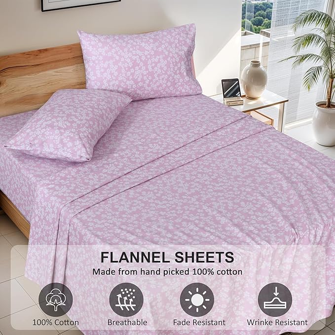 RUVANTI Flannel Sheets Twin Size - 100% Cotton Double Brushed Twin Sheets Set, Deep Pockets 16 Inches, All Seasons Breathable & Extra Soft Bed Sheets, Warm & Cozy, 3 Piece, Pink Flora