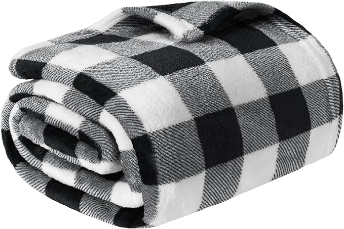 PAVILIA Black and White Buffalo Plaid Fleece Throw Blanket for Couch, Soft Checkered Flannel Blanket for Sofa, Plaid Christmas Couch Throw Bed, Warm Cozy Decorative Blanket Fall Decor Gift, 50x60