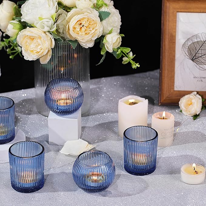 Blue Votive Candle Holders Set of 10- Round Blue Candle Holders Bulk, Glass Candle Holder for Wedding Table Decoration, Embossed Glass Votives, Tea Lights Candle Holder for Home & Party Decor