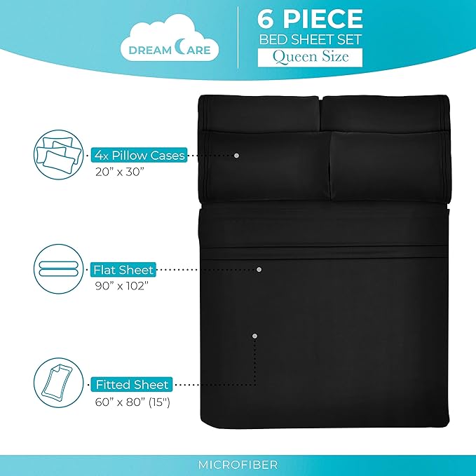 DREAMCARE Queen Sheet Set – 6 pcs Cooling Bed Sheets – up to 15” Deep Sheets Queen Size Bed Set – 2500 Supreme Collection – Extra Soft 100% Brushed Microfiber Hotel Luxury with Side Pocket – Black