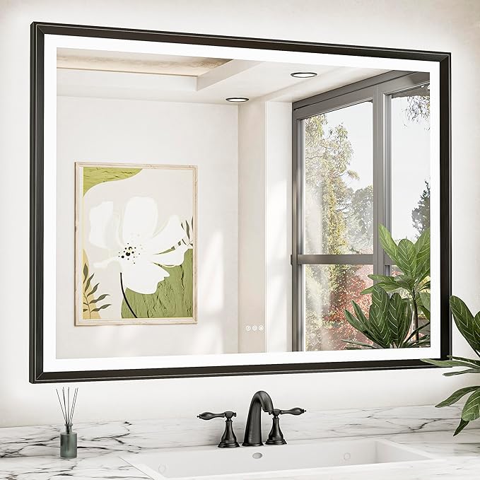 TETOTE 48x36 LED Bathroom Mirror with Lights Black Frame Frontlit & Backlit Lighted Vanity Mirror Baroque Gothic Anti Fog Dimmable White/Warm/Natural,CRI90+,Waterproof,(Horizontal/Vertical)