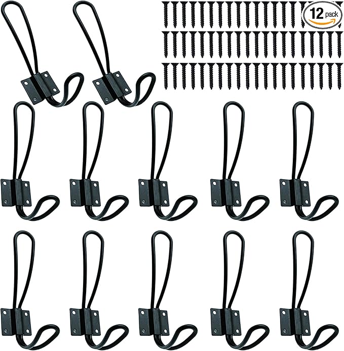 Rustic Entryway Hooks-12 Pack Farmhouse Hooks with Metal Screws Included, Black Decorative Wall Mounted Rustic Coat Hooks Rack, Double Vintage Organizer Hanging Wire Hook Clothes Hanger