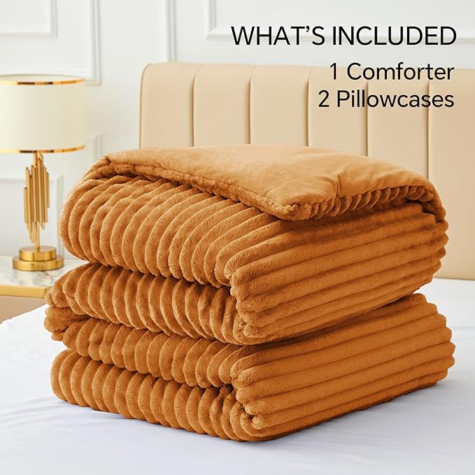 BEDELITE Fleece Queen Comforter Set -Super Soft & Warm Fluffy Rust Orange Bedding, Luxury Fuzzy Heavy Bed Set for Winter with 2 Pillow Cases