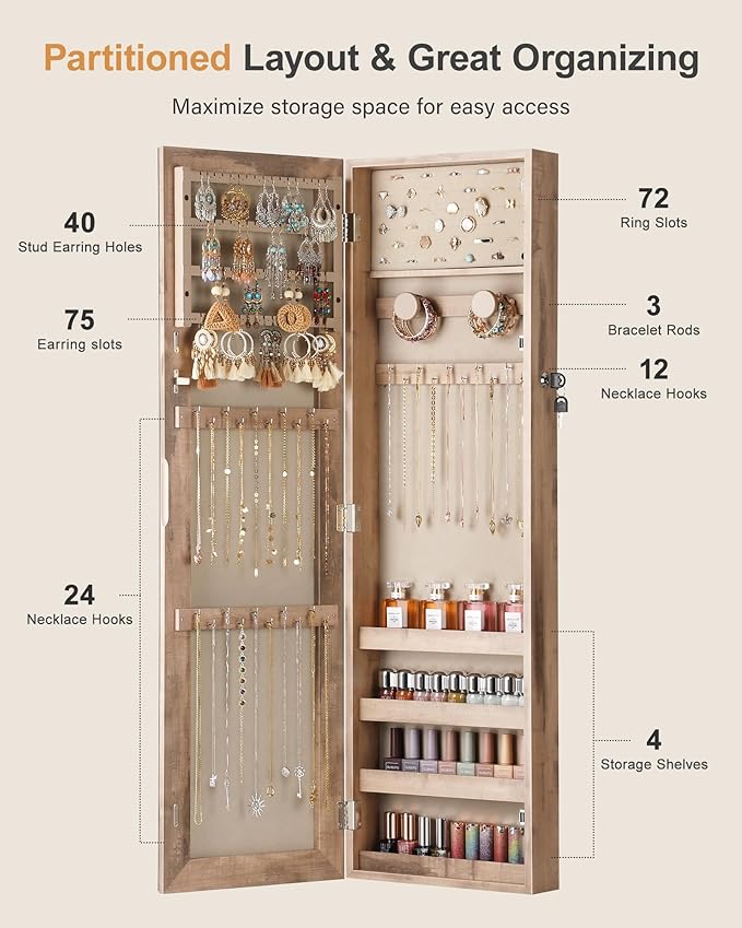 Nicetree Mirror Jewelry Cabinet, Jewelry Armoire with Full Length Mirror,Mirror with Jewelry Storage Wall/Door Mounted, Lockable Jewelry Armoire Organizer,Toasted Oak