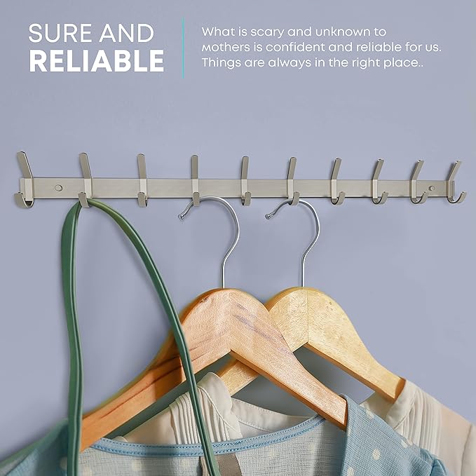 Coat Rack Wall Mount – Brushed Nickel 30 Inch Stainless Steel Hook Rail with 10 Heavy Duty Double Coat Hooks – Wall Mounted Coat Hanger for Entryway, Bathroom, Bedroom, Towel, Hat Organizer