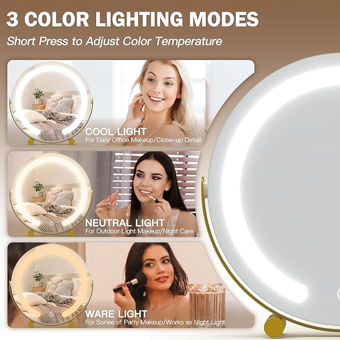 Gold Vanity Mirror, 12 Inch Makeup Mirror with Lights, Large Lighted Vanity Mirror, Light Up Mirror with Smart Touch 3 Colors Dimmable, Tabletop, 360° Rotation