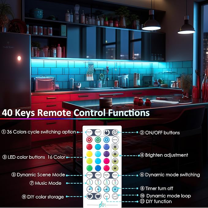 LAFULIT 10 PCS RGB Under Cabinet Lights Kit, App and Remote Control Led Strip Lights, Music Sync Color Changing Led Lights, Plug in Light for Cabinet, Counter, Shelf, Bookcase, 13ft