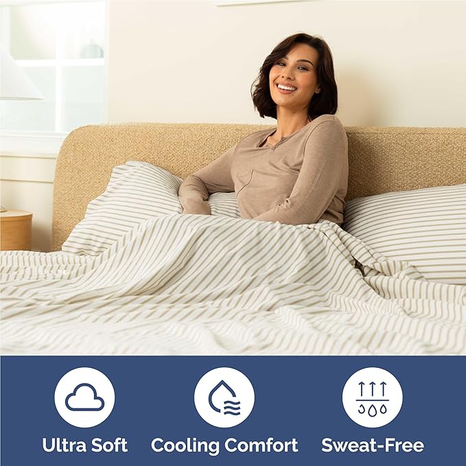 Full 6 Piece Sheet Set - Comfy Breathable & Cooling - Soft Hotel Luxury Bedding Set with 8-16 Inch Deep Pockets - 1 Flat & 1 Fitted Sheet & 4 Pillowcases - Wrinkle Free & Easy Care - Beige Stripes 2