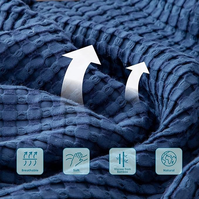 Bedsure Cooling Cotton Waffle King Size Blanket - Lightweight Breathable Summer Blanket of Rayon Derived from Bamboo for Hot Sleepers, Luxury Throws for Bed, Couch and Sofa, Navy, 104x90 Inches