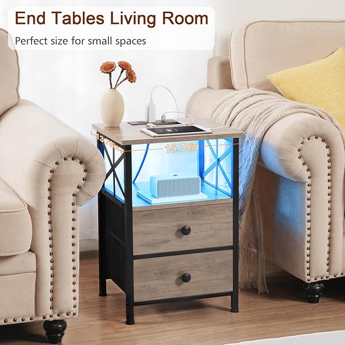 AMHANCIBLE Night Stand Set 2, LED Nightstand with Charging Station, End Tables Living Room with Fabric Drawers, Bedside Table for Bedroom, Greige, HET052LGY