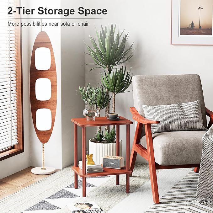 Apicizon 2 Tier End Table, Small Side Table with Solid Wood Legs, Boho Bedside Table with Storage Shelf, Nightstand for Small Spaces, Bedroom, Living Room, Entryway, Easy Assembly, Vintage Brown