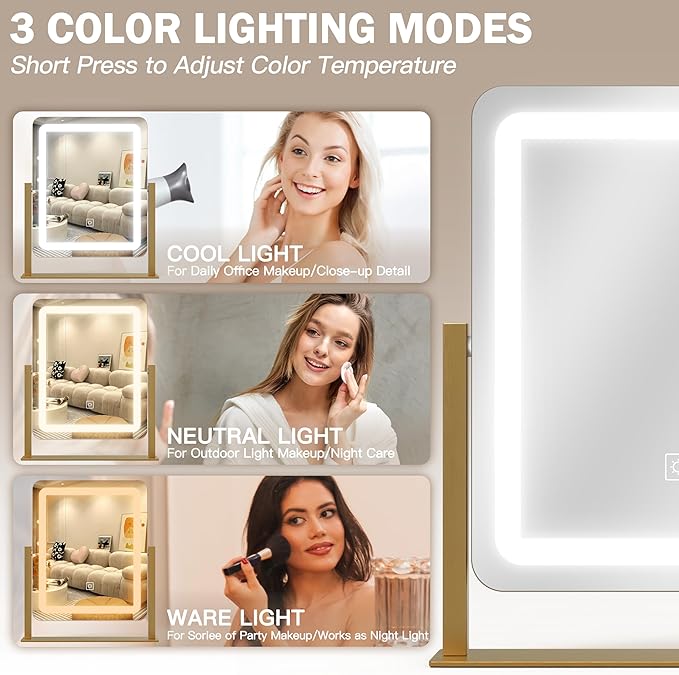Vanity Mirror with Lights, 12.6"×15" LED Makeup Mirror, Lighted Makeup Mirror with Lights, Smart Touch Control Dimmable 3 Modes Light, Lighted Up Mirror for Makeup Desk, Gold