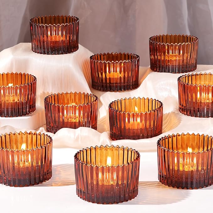 24 pcs Large Tea Light Holders, Amber Glass Candle Holders, Votive Candle Holders for Table Centerpiece Wedding Table Decor