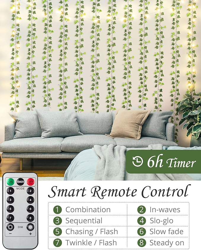 JACKYLED 90Ft 12 Pack Artificial Ivy Garland with 200 LED String Light, Fake Ivy Garland Vines with Deep Green and Light Green Leaves, Hanging Vines Fake Plants for Bedroom Garden Party Wall Decor