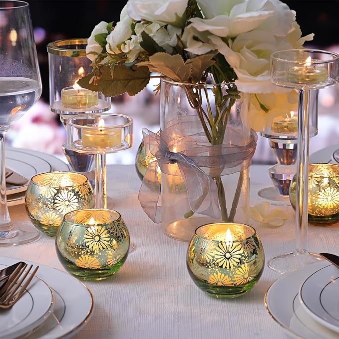 Green Mercury Glass Votive Candle Holders Set of 12, Round Tealight Candle Holders Bulk for Table Centerpieces, Weddings, Shower Gifts, Christmas, Halloween Party Decorations